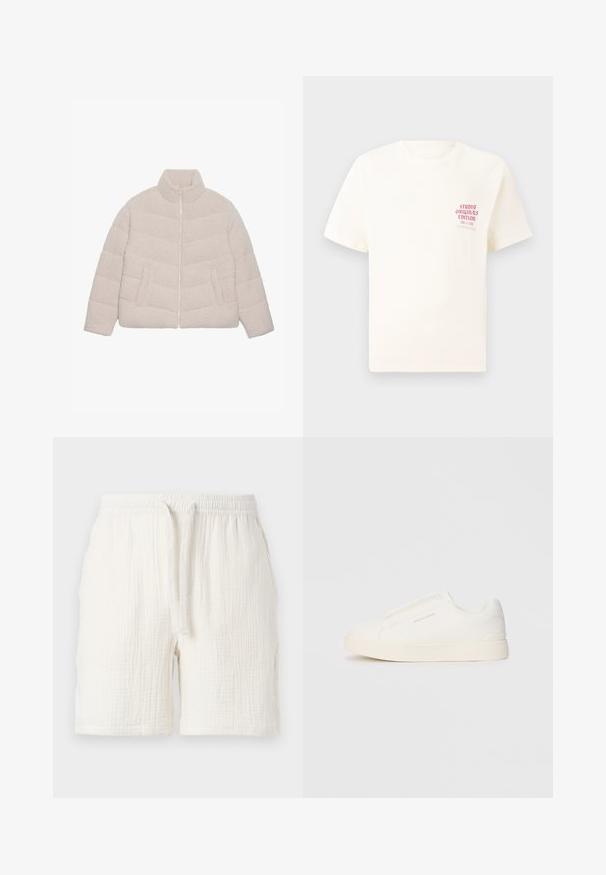 Giacca in sherpa fleece trapuntata color beige chiaro, con colletto rialzato, zip anteriore e due tasche laterali.; T-shirt bianco a maniche corte con testo rosso "Studio Originals Edition" sul lato sinistro del petto, esposto su uno sfondo grigio neutro.; Shorts leggeri in cotone bianco con vita elasticizzata e cordino, caratterizzati da una texture stropicciata e una vestibilità rilassata.; Sneakers bianchi slip-on con superficie texturizzata, suola spessa e design minimalista. Presentano il logo del marchio sul lato.