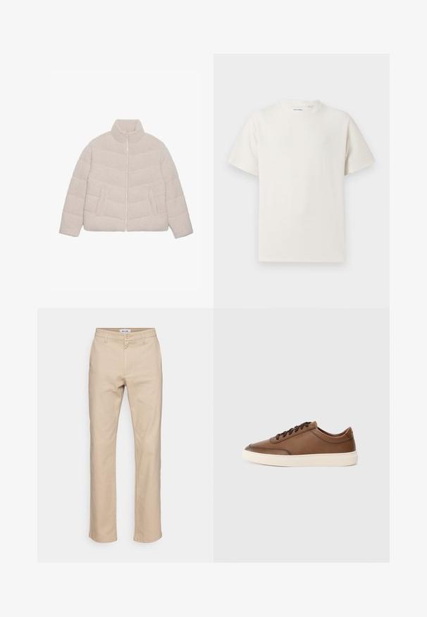 Chaqueta de sherpa de felpa acolchada en color beige claro, con cuello alto, cremallera frontal y dos bolsillos laterales.; Camiseta blanca de manga corta en textura acanalada. Cuello redondo, corte relajado, sin patrones ni acentos visibles. Diseño simple y versátil.; Pantalones de algodón beige con un diseño de pierna recta, que cuentan con cierre de botón, trabillas para el cinturón y bolsillos laterales. Textura suave.; Zapatilla de cuero marrón con un acabado suave, diseño con cordones y suela de goma off-white en contraste. Marca mínima en el lateral.