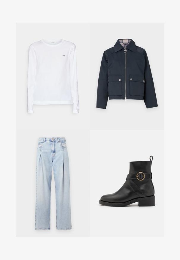 Granatowa krótka kurtka z syntetycznego materiału z zamkiem z przodu, dwiema dużymi kieszeniami z przodu i podszewką w kratę.; Biała, długosłwową koszulka z okrągłym dekoltem, wykonana z miękkiej bawełny. Posiada małe haftowane logo na piersi i mankietach.; Jasnoniebieskie dżinsy z wysokim stanem, szerokimi nogawkami, dwoma bocznymi kieszeniami oraz plisowanym wzorem. Miękka tekstura z wyblakłym wykończeniem.; BOSS IRYNA czarny