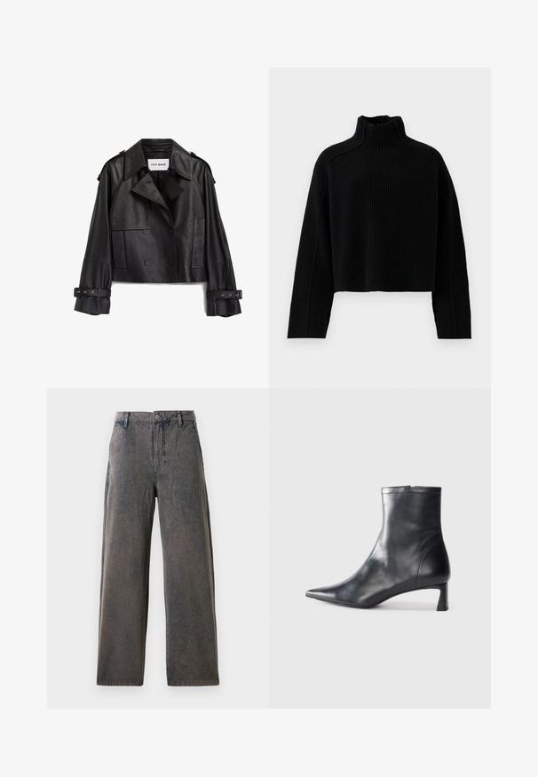 Chaqueta recortada de cuero negro con diseño de doble faz, amplias solapas, bolsillos laterales y detalles de cinturón en las mangas. Etiqueta de la marca visible.; Suéter negro de punto acanalado con cuello alto y diseño corto, que presenta mangas largas y un acabado texturizado.; Pantalones de pierna ancha en una tela gris desgastado, con cierre de botón, trabillas para cinturón y bolsillos laterales con una textura sutil.; Botín de cuero negro hasta el tobillo con punta afilada y un diseño elegante. Presenta un tacón bajo y un cierre con cremallera en la parte trasera. Textura suave.