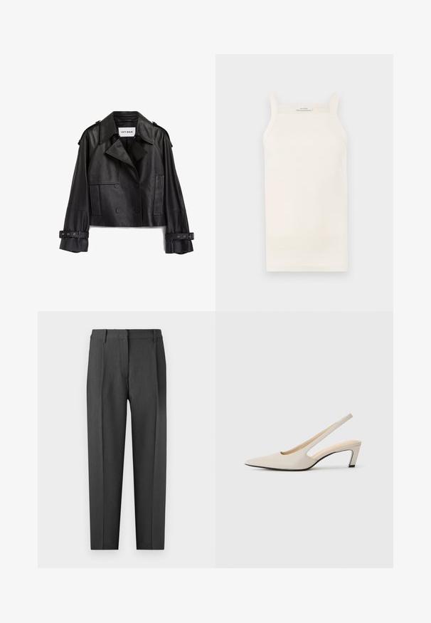 Čierna kožená skrátená bunda s dvojradovým zapínaním, veľkými klopami, bočnými vreckami a opaskovými akcentmi na rukávoch. Viditeľná značka.; Krémový rebrovaný tielko s tenkými ramienkami, priliehavý strih a rovný lem. Na štítku je napísané "IVY OAK." Materiál sa zdá byť mäkký a elastický.; Uhlíkovosivé napevno strihané nohavice s plochým predným dielom, bočnými vreckami a priamym strihom s hladkou textúrou.; Bežové kožené topánky s otvorenou pätou a špicatou špicou, s výrezovým dizajnom, blokovým podpätkom s výškou 5 cm a hladkou textúrou. Čierne akcenty na podrážke.