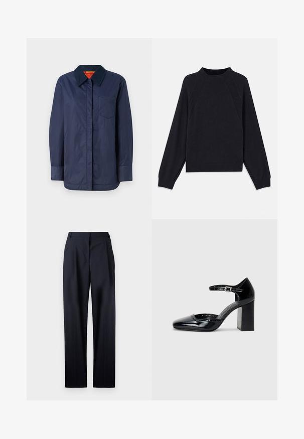 Tumesinine pikkade varrukatega jakk, millel on terav krae, esikott ning sile tekstuur. Omab kontrastset sisesoont punase ja kollase tooni kombinatsioonis.; Tume meresinine sviiter ümmarguse kaelusega, pikkade raglanist varrukatega, soonikkoes mansettidega ja sirge äärega. Valmistatud pehmest, tekstuuriga kudumist.; OFFICINE GENERALE NEW SOPHIE FRESCO - Püksid - dark navy; Mustad lakknahk kingad kõrge kontsaga, ruudukujulise varbaga, pahkluu rihmaga ja paksu kontsaga. Sisaldab perforatsioonidega detaile ääres.