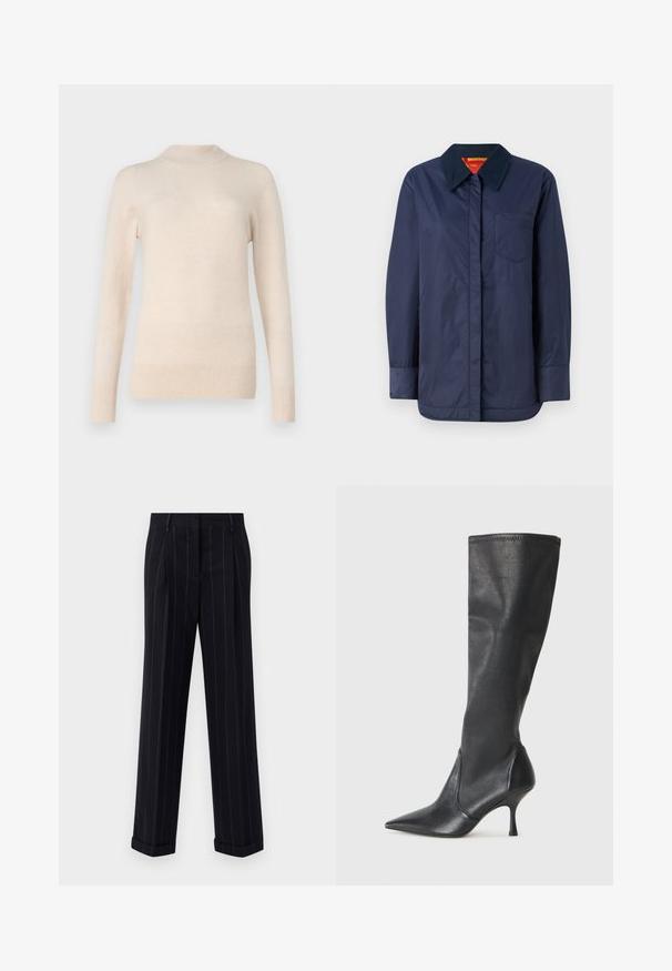 Tamsiai mėlynas ilgomis rankovėmis džemperis su smailiu apykakle, priekinėmis kišenėmis ir lygiu paviršiumi. Yra kontrastingas raudonas ir geltonas vidinis pamušalas.; Klasikinio apvalaus kaklo megztinis iš minkšto bežinio audinio, su ilgomis rankovėmis ir pūstais rankogaliais. Lygus tekstūros paviršius ir šiek tiek laisvas siluetas.; Juodi smėliniai kelnes su pritaikytu siluetu, su manžetėmis ir priekinėmis klostėmis. Pagaminta iš lygaus audinio su struktūrizuotu dizainu.; Juodų odinių batų iki kelių su smailiu pirštu ir plonu stiletto kulnu. Lygus paviršius, pritaikytas dizainas ir siuvimas viršutiniame krašte.