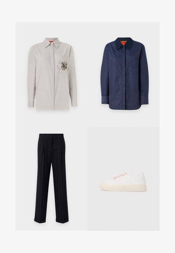 Mørkeblå langermet jakke med spISS krage, frontlomme og glatt tekstur. Har en kontrastfarge innvendig i rød og gul.; Stripete knappskjorte i lys beige og brun. Har en lomme med en dekorativ brun monogram. Lange ermer med knapplukking.; Svarte pinstripede bukser med en tilpasset passform, som har en oppbrett på bunnen og frontfolder. Laget av glatt stoff med en strukturert design.; Hvite sneakers med rosa snører, med et glatt skinn-design, rund tå, og en beige gummisåle, inkludert sømdetaljer.