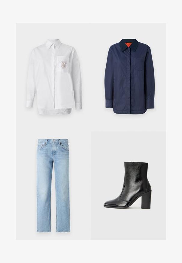 Tamsiai mėlynas ilgomis rankovėmis džemperis su smailiu apykakle, priekinėmis kišenėmis ir lygiu paviršiumi. Yra kontrastingas raudonas ir geltonas vidinis pamušalas.; Balta marškinių mygtukų versija, pagaminta iš medvilnės, su kairėje krūtinės pusėje esančia kišenėle, kurioje įsiūtas šviesiai rudas monogramas. Ilgos rankovės ir tiesus apdailos kraštas.; Šviesiai mėlynos džinsinės kelnės su tiesiu siluetu, penkiomis kišenėmis, mygtuko ir užtrauktuko uždarymu bei šiek tiek išblukusia apdaila.; Juodas odinis kulkšninis batas su lygiu paviršiumi, smailiu pirštu ir masyviu aukštu kulnu. Savybė - šoninis atidarymas ir minimalistiškas dizainas.