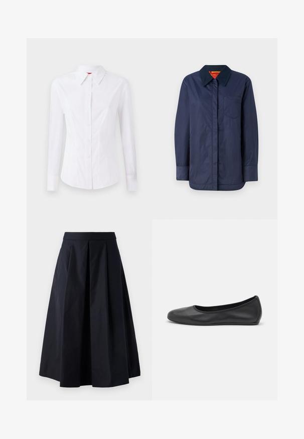 Navy blue long-sleeve jacket with a pointed collar, front pocket, and smooth texture. Features a contrasting inner lining in red and yellow.; White long-sleeve shirt with a pointed collar, front button closure, and fitted design. Smooth cotton fabric with subtle stitching details.; Black A-line skirt made of smooth fabric, featuring pleats and a wide waistband. The skirt falls to just above the ankle.; Black leather ballet flat with a rounded toe, smooth texture, minimal stitching detail, and a flexible sole design.