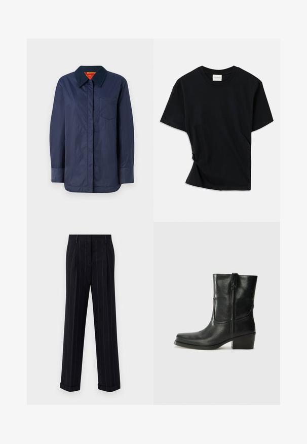 Marineblaues Langarmjacke mit spitzem Kragen, Fronttasche und glatter Textur. Verfügt über ein kontrastierendes Innenfutter in Rot und Gelb.; Schwarzes T-Shirt aus weicher Baumwolle mit Rundhalsausschnitt, kurzen Ärmeln und einem leicht gedrehten Design für eine lockere Passform.; Schwarz gestreifte Hose mit tailliertem Schnitt, mit einem umgeschlagenen Saum und vorderen Falten. Hergestellt aus glattem Stoff mit einer strukturierten Gestaltung.; Schwarze Leder-Ankle Boots mit runder Zehenform, Blockabsatz, seitlichem Reißverschluss und gestickten Akzenten auf dem Blatt. Glatte Textur, klassisches Design.