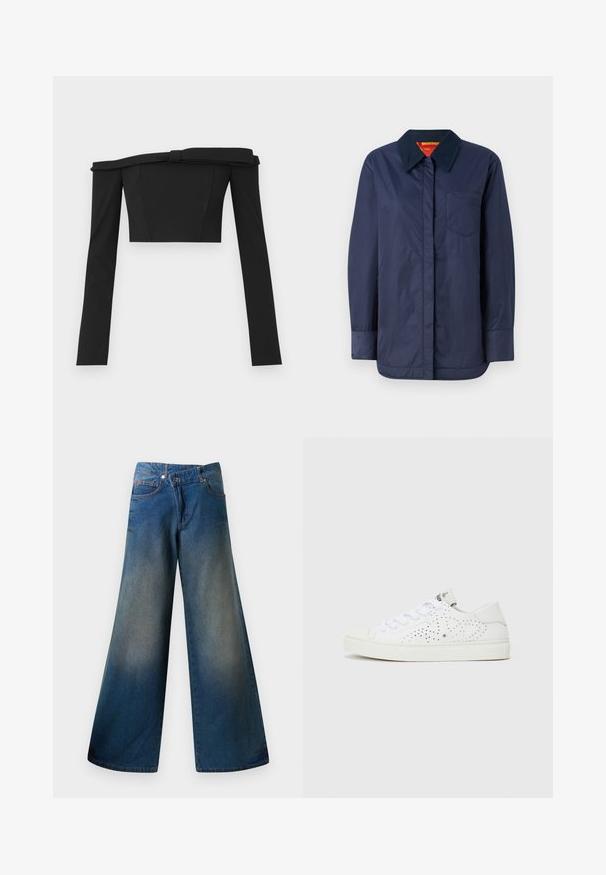 Navy blue long-sleeve jacket with a pointed collar, front pocket, and smooth texture. Features a contrasting inner lining in red and yellow.; Black off-the-shoulder cropped top with long sleeves, featuring a structured design and knot detailing at the neckline, made of smooth fabric.; Wide-leg blue jeans made of denim, featuring a slightly faded finish, visible stitching, two front pockets, and a button closure.; White low-top sneakers with perforated design, flat laces, and a textured rubber sole. Features a minimalistic style and soft finish.