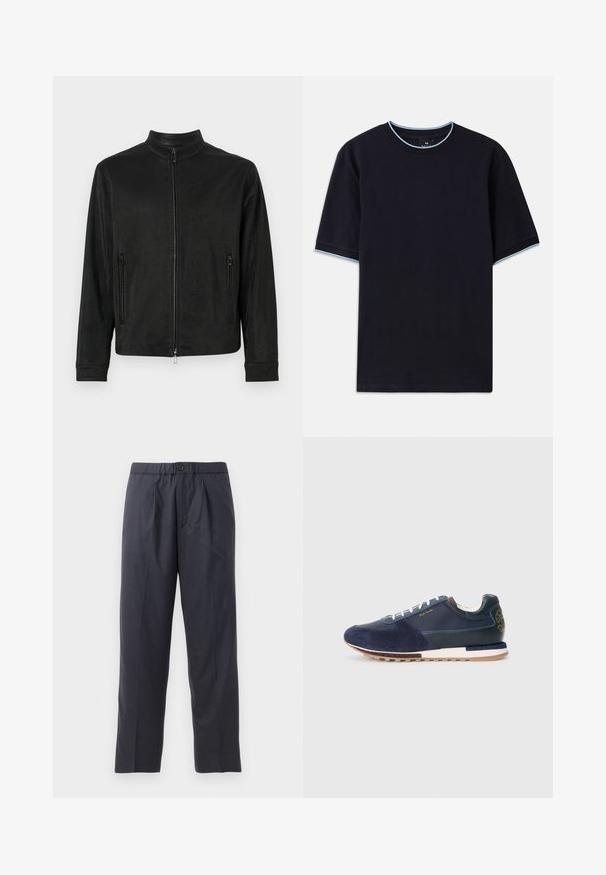 Must musträtikoodiga must võrkmantel, millel on kõrge krae, esine tõmblukk ja kaks tõmblukuga küljetaskut. Omaduseks tekstuurne muster ja lõdvestatud istuvus.; Tume sinine lühikese varrukaga t-särk ümmarguse kaelusega, millel on helesinised aktsendid kaeluse ja varrukate ümber. Valmistatud pehmest puuvillast kangast.; Tumed sinised püksid pehmest kangast, mille esiosal on volditud disain ja elastne vöökoht. Varustatud nupuga sulgemisega ja sirge lõikega.; Tumed sinine samet- ja nahknikerdus valgete paeltega, tekstureeritud tallaga ning pruuni aktsendiga taga, kus on logo detail.