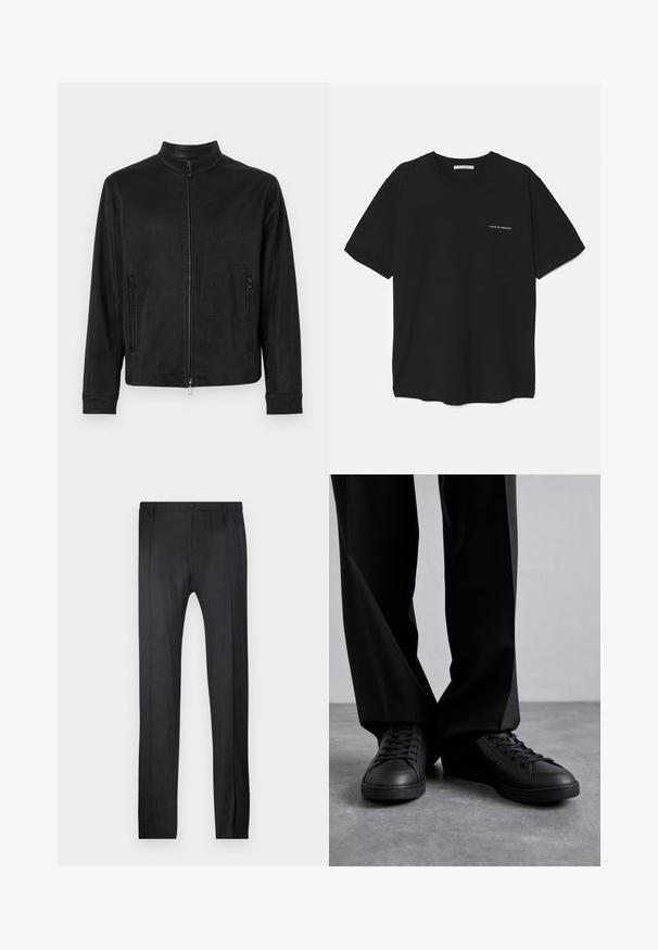 Black mesh jacket with a high collar, front zipper, and two zippered side pockets. Features a textured pattern and a relaxed fit.; Black cotton T-shirt with a crew neck, short sleeves, and a white logo print on the left chest. Simple, solid color design.; Emporio Armani TROUSER - Trousers - nero; Bally Trainers - black