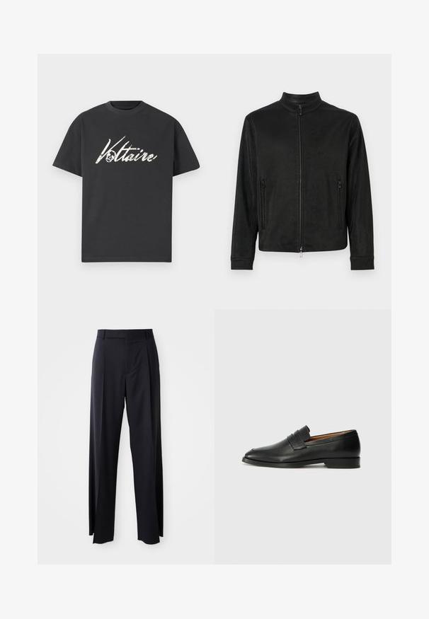 Black mesh jacket with a high collar, front zipper, and two zippered side pockets. Features a textured pattern and a relaxed fit.; Black cotton T-shirt featuring a large white graphic print of "Voltaire" with a skull design. Short sleeves, crew neckline, and relaxed fit.; Black, high-waisted trousers with a wide-leg cut, made of smooth fabric. Features front pleats and belt loops. Minimalistic design, no visible hardware.; Black leather loafer with a rounded toe, subtle stitched detailing, and a low heel, featuring a smooth texture and minimalist design.