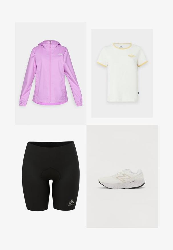Lahka roza nepremočljiva jakna z dnim zadrgo, dolgimi rokavi, nastavljivo kapuco, elastičnimi manšetami in diskretnim logotipom na zgornjem levem prsnem delu.; Bela bombažna majica s rumenimi rebrastimi ovratnikom in manšetami. Ima izvezeno blagovno znamko v rumeni barvi spredaj. Redna prileganje.; Črne kolesarske kratke hlače iz raztegljive tkanine, z oblazinjeno notranjostjo, visokim pasom in majhnim logotipom na spodnji desni strani.; Bela športna čevlja z mrežasto zgornjico, oblazinjeno ovratnico in debelim, strukturovanim podplatom. Ima svetlo sivo akcentacijo in logotip "New Balance" na strani.
