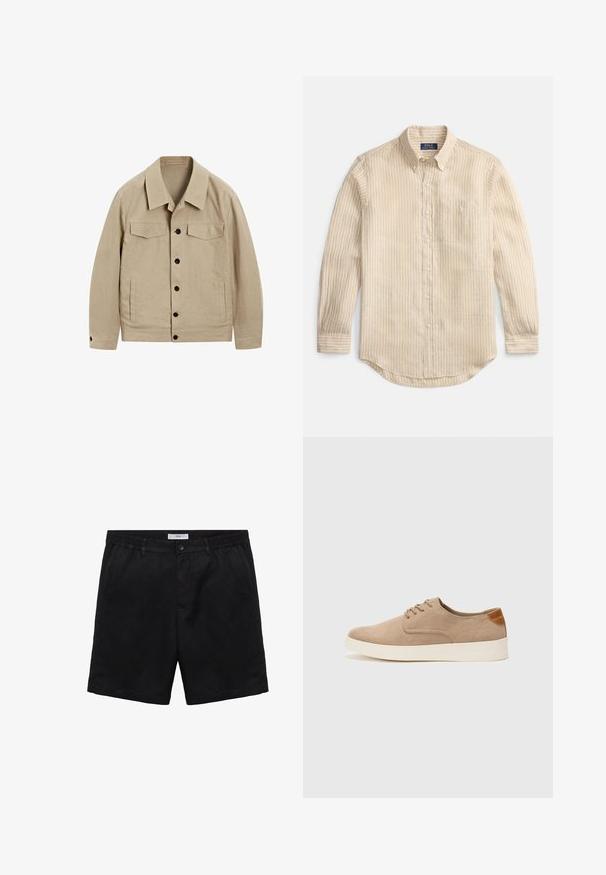 Beige jas van een gestructureerde stof. Beschikt over een kraag, twee borstzakken en zwarte knopen aan de voorkant. Lichtjes ontspannen pasvorm.; Beige overhemd met lange mouwen en witte verticale strepen, knoopsluiting, knoopkraag, borstzak en "Polo Ralph Lauren" label aan de binnenkant van de kraag.; Zwarte shorts van zacht materiaal, met een knoopsluiting, een plat front en zijzakken. Standaard pasvorm met een gladde textuur.; Beige suède sneakers met een ronde neus, vetersluiting aan de voorkant en een getextureerde achteraccent. De witte rubberen zool zorgt voor contrast. Eenvoudig en modern ontwerp.