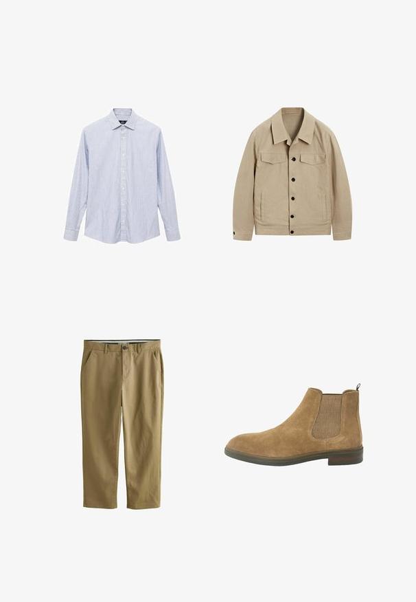 Béžová bunda vyrobená z texturovaného materiálu. Má límec, dvě náprsní kapsy a černé knoflíky na přední straně. Mírně uvolněný střih.; Pruhovaná košile na knoflíky světle modré a bílé barvy z bavlny. Vyznačuje se klasickým límcem, dlouhými rukávy a zakřiveným lemem. Knoflíky vpředu.; Bílý krátký rukáv tričko, kulatý výstřih, měkká textura, rovný střih, minimalistický design, bez viditelných vzorů nebo akcentů.; Khaki chinos vyrobené z bavlněné směsi, se dvěma bočními kapsami, zapínáním na knoflík, rovnými nohavicemi a hladkou texturou.; Semišové chelsea boty v hnědé barvě s elastickými bočními panely, kulatou špičkou a poutkem; pevná gumová podrážka a texturované látkové detaily.