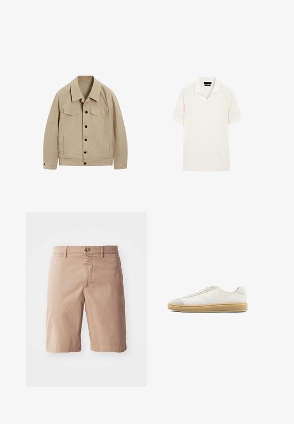 Beige jacket made of a textured fabric. Features a collar, two chest pockets, and black buttons down the front. Slightly relaxed fit.; Short-sleeve polo shirt in cream with ribbed texture and a flat collar. Features a straight hem and soft material for comfort.; Beige cotton shorts with a straight leg design, featuring a front button closure and belt loops. Smooth texture with minimal stitching details.; White suede sneakers with a smooth texture, round toe, lace-up front, and a tan rubber sole. Features subtle side stripes and heel accents.
