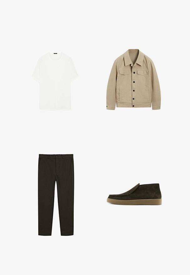 Beige jakke lavet af et tekstureret stof. Har en krave, to brystlommer og sorte knapper ned foran. Let afslappet pasform.; Hvid kortærmet t-shirt lavet af blødt stof. Har en klassisk rund halsudskæring og en lige pasform, uden synlige mønstre eller accenter.; Mørkebrune, vævede stofbukser med lige ben, forlommer og knaplukning i taljen. Glat tekstur.; Brune ruskind slip-on sko med en glat finish, rund tå og en lysebrune gummisål. Overdelen har et enkelt, rent design.