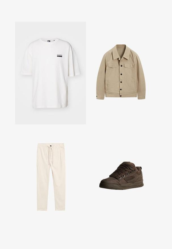 Beige jakke lavet af et tekstureret stof. Har en krave, to brystlommer og sorte knapper ned foran. Let afslappet pasform.; Hvid bomulds t-shirt med et afslappet fit, rund halsudskæring og korte ærmer. Har et lille sort mærke på venstre bryst.; Beige, lette bomuldsbukser med elastisk talje, forlommer og knaplukning, med en glat overflade.; Brune sportsko lavet af glat syntetisk materiale. Har tykke snørebånd, mesh-detaljer, polstret krave og struktureret gummisål.