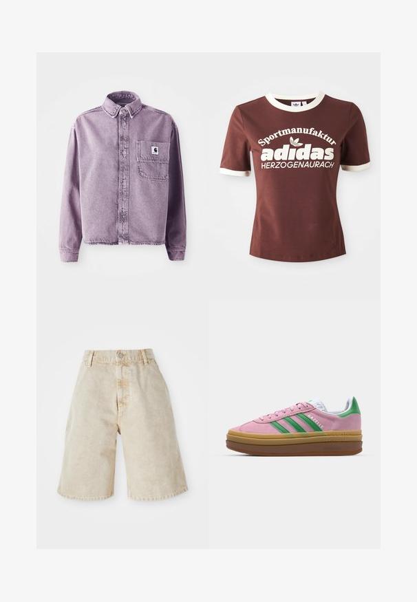 Chemise en denim violet à manches longues, avec un devant à boutons, un col et une poche poitrine gauche arborant un patch de logo de la marque. Tissu texturé.; T-shirt marron à manches courtes avec col et poignets crème. Présente un grand texte blanc indiquant "Sportmanufactur adidas Herzogenaurach."; Shorts en denim beige à taille haute, avec fermeture par bouton et poches avant. Présente une coupe décontractée et ample, avec des bords légèrement effilochés.; Baskets en daim rose avec des rayures vertes, des accents blancs et une semelle en caoutchouc brun. Comportent un tissu texturé et un détail de logo sur le côté.