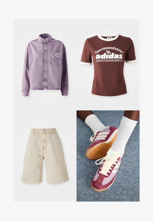 Lilla denimskjorte med lange ermer, knappestolpe foran, krage og venstre brystlomme med en merke-logo lapp. Teksturert stoff.; Brun t-skjorte med korte ermer og kremfarget krage og mansjetter. Har stor hvit tekst som leser "Sportmanufactur adidas Herzogenaurach."; Beige denimshorts med høy midje, knappelukking og frontlommer. Har en uformell, løs passform og lett frynsete kant.; Sneakers med burgunder semsket skinn og lyse lilla design, med tre hvite striper, kremfargede lisser og en teksturert gul tungespiss. Gummisåle.