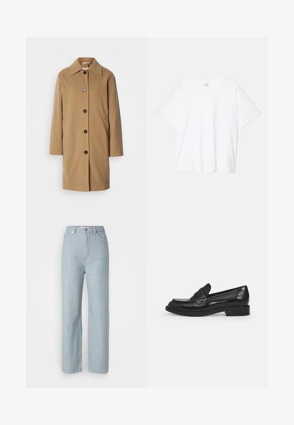 Casaco de lã na cor camelo, com um corte reto, grande colarinho e cinco botões escuros. Inclui bolsos laterais e uma textura suave.; T-shirt de algodão branco com mangas curtas, decote redondo, corte descontraído e bainha cosida. Etiqueta visível no interior do pescoço.; Calças de ganga azul-claro de perna reta. Apresentam cinco bolsos, fecho com botão metálico e um leve efeito de desgaste para adicionar textura.; Mocassins pretos em couro brilhante com bico arredondado, uma fita decorativa na parte superior e um salto baixo em bloco. Textura suave e brilhante.