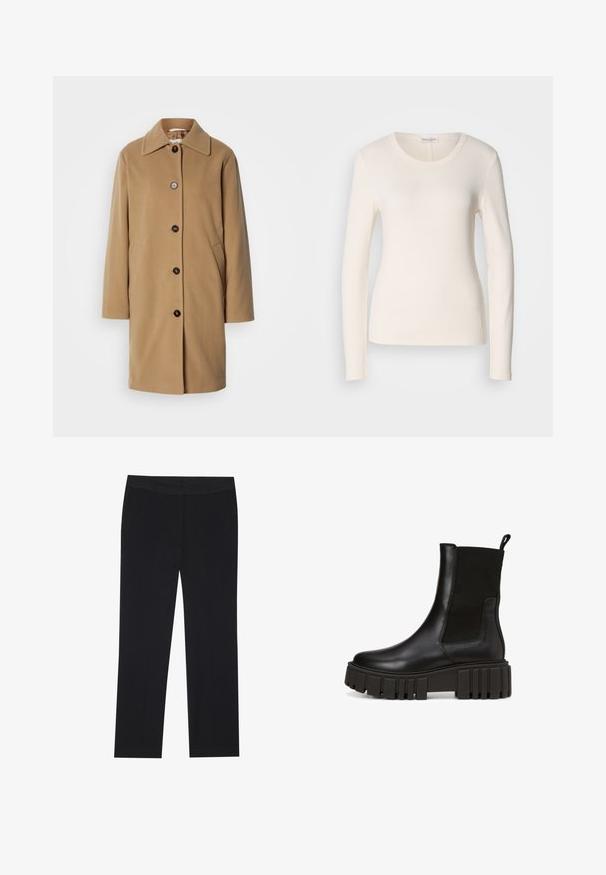 Kamelio spalvos vilnonis paltas, pasižymintis tiesiu fasonu, dideliu apykakle ir penkiais tamsiais mygtukais. Įtraukia šonines kišenes ir švelnią tekstūrą.; Kreminė medvilninė trumpomis rankovėmis marškinėliai, turintys apvalų iškirptę, prigludusią išvaizdą ir mažą logotipo detalę šalia apatinės dalies. Lygus paviršius.; Juodos kelnės su tiesiu kirpimu, turinčios šonines kišenes ir lygią audinio tekstūrą. Minimaliai detalizuotos, švarus liemuo.; Juodos odinės aulinės botai su storu platformos padu ir elastinėmis šoninėmis juostomis, kad būtų lengva apsiauti. Subtilus prekės ženklas šone.