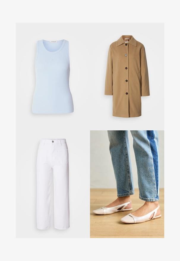 Palton din lână de culoare cămilă, cu un croi drept, guler mare și cinci nasturi negri. Include buzunare laterale și o textură moale.; Top din bumbac de culoare albastră deschis, cu decolteu rotund și fără mâneci, având detalii subtile de cusătură și o siluetă ajustată.; Pantaloni largi din denim alb cu închidere prin buton, curea pentru centură, două buzunare frontale și un singur buzunar la spate. Țesătură durabilă și texturată.; Sandalete plate de un roz pal cu vârf ascuțit, realizate dintr-un material asemănător pielii, neted. Prezintă detalii decupate pe laterale și un toc plat.