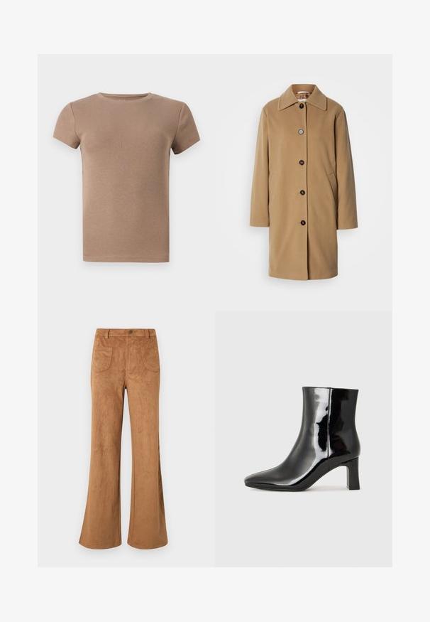 Kamelivärvi villane mõhk, millel on sirge lõige, suur krae ja viis tumedat nööpi. Sisaldab külGkepe ja pehmet tekstuuri.; Beige soonikesteemega lühikese varrukaga T-särk ümmarguse kaelusega ja vormikohase disainiga. Sile tekstuur, kaunistusteta ilma mustrite või aktsentideta.; Tumedadest flared püksid, millel on kõrge vöökoht, ees ja taga taskud ning sile tekstuur. Kujundatud mugavaks istuvuseks kogu jala ulatuses.; Must-sinine nahkjalats musta läikiva viimistlusega, millel on terav nina ja keskmise kõrgusega plokk konts. Sile tekstuur ja minimalistik disain.