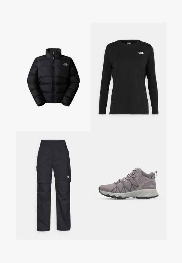 Schwarze isolierte Steppjacke mit hohem Kragen, Reißverschluss und gesteppten Paneelen. Mit Logo auf der linken Brust. Glatte Textur.; Schwarzes Langarm-T-Shirt aus Baumwolle mit Rundhalsausschnitt. Verfügt über ein kleines weißes Logo auf der linken Brustseite. Einfaches Design und Passform.; Schwarze Nylon-Zip-Off-Cargohosen mit verstellbaren Bündchen, mehreren Taschen und einem Logo am rechten Bein. Glatte, leichte Textur.; Helle lila Wanderschuhe mit Obermaterial aus Mesh und Synthetik, strukturierten Mustern an den Seiten, dämpfender Zwischensohle und robustem Gummiaußensohle.