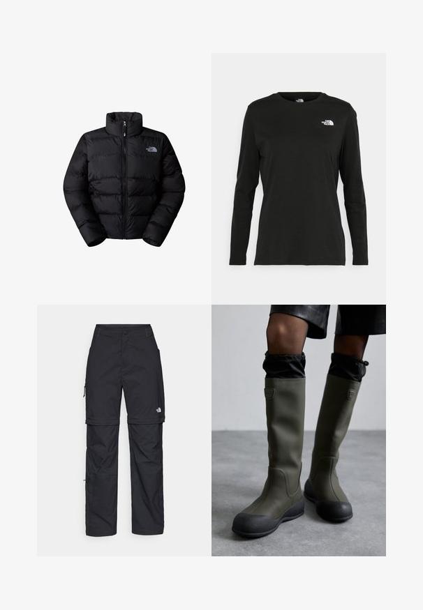 Svart isolerad pufferjacka med hög krage, dragkedjestängning och stickade paneler. Har logotyp på vänster bröst. Slät textur.; Svart långärmad t-shirt i bomull med rund hals. Har en liten vit logotyp på vänster bröstområde. Enkelt design och passform.; Svarta nylonbyxor med avtagbara ben, justerbara muddar, flera fickor och en logotyp på högra benet. Slät, lätt textur.; Bally CLOVER - Platåstövlar - fango/black
