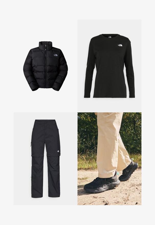 Jachetă puffer izolată, de culoare neagră, cu guler înalt, închidere cu fermoar și panouri cusute. Prezintă un logo pe pieptul stâng. Textură netedă.; Iarna neagră cu mânecă lungă, din bumbac, cu guler rotund. Prezintă un mic logo alb în zona pieptului stâng. Design simplu și croi lejer.; Pantaloni cargo din nylon negru, cu fermoar detașabil, manșete ajustabile, multiple buzunare și un logo pe piciorul drept. Textură netedă și ușoară.; Tenisi de hiking negri cu un superior texturat, închidere cu șireturi și o talpă groasă cu logo-ul Vibram. Purtați cu pantaloni de culoare deschisă.