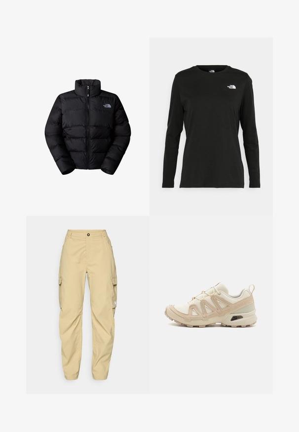 Svart isolerad pufferjacka med hög krage, dragkedjestängning och stickade paneler. Har logotyp på vänster bröst. Slät textur.; Svart långärmad t-shirt i bomull med rund hals. Har en liten vit logotyp på vänster bröstområde. Enkelt design och passform.; The North Face EXPLORATION CARGO PANTS - Friluftsbyxor - khaki stone; Beige och krämfärgad atletisk sko med texturerad meshovandel, stöttande överdrag och gummisulor med ett mönster för grepp.