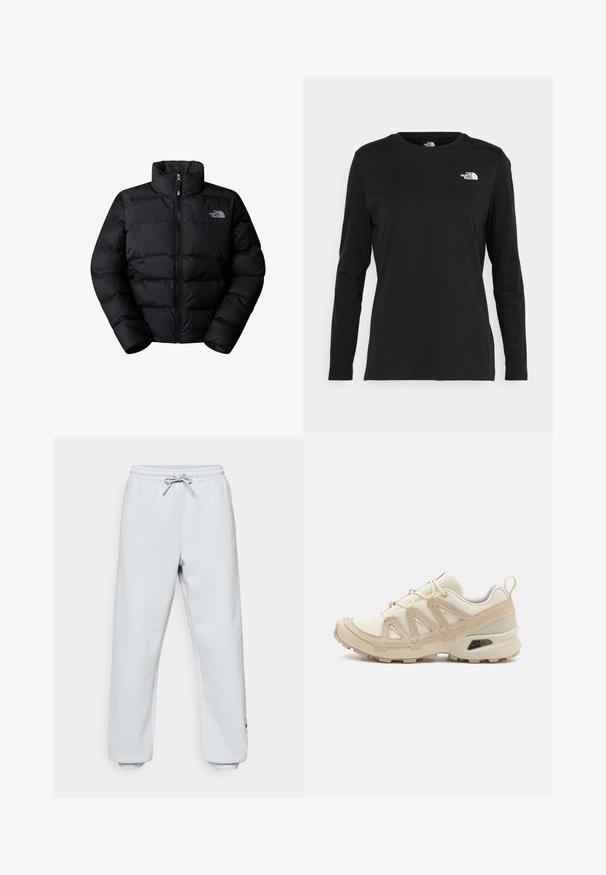 Black insulated puffer jacket with a high collar, zip closure, and stitched panels. Features logo on the left chest. Smooth texture.; Black long-sleeve t-shirt made of cotton with a round neck. Features a small white logo on the left chest area. Simple design and fit.; Light gray sweatpants in a soft material. Features an elastic waistband with drawstring, side pockets, and ribbed cuffs at the ankles.; Beige and cream athletic shoe with textured mesh upper, supportive overlays, and rubber outsole featuring a tread pattern for traction.