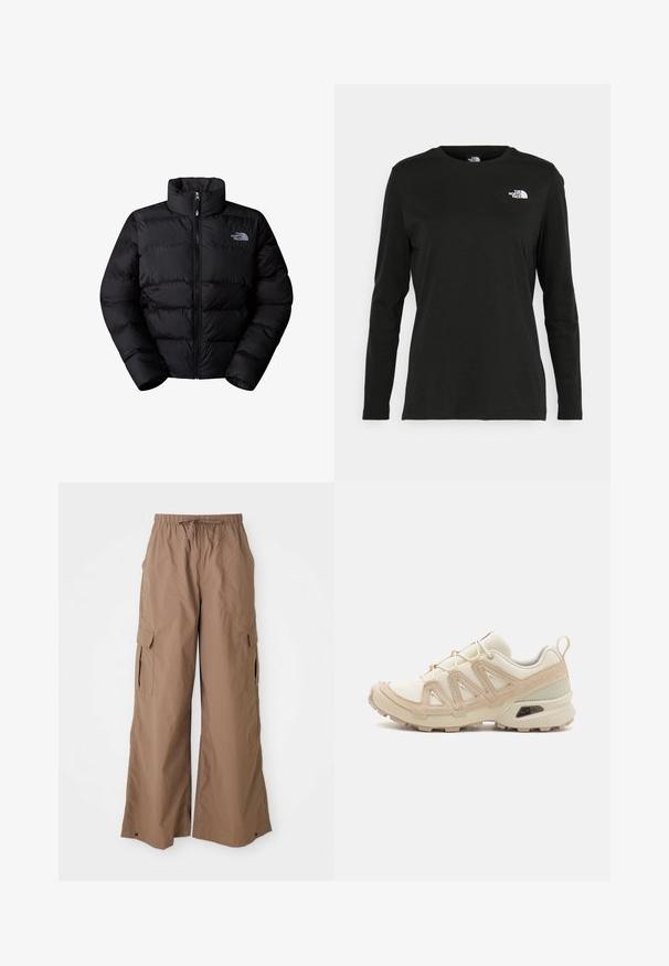 Giacca a vento nera isolata con colletto alto, chiusura con zip e pannelli cuciti. Presenta il logo sulla parte sinistra del petto. Tessuto liscio.; T-shirt nera a maniche lunghe in cotone con colletto rotondo. Presenta un piccolo logo bianco sul lato sinistro del petto. Design semplice e vestibilità comoda.; Pantaloni cargo larghi marroni con vita regolabile tramite cordino e tasche laterali con patta, design a gamba larga, presentati su uno sfondo bianco.; Scarpa atletica beige e crema con tomaia in mesh testurizzato, sovrapposizioni supportive e suola in gomma con un motivo a tasselli per la trazione.