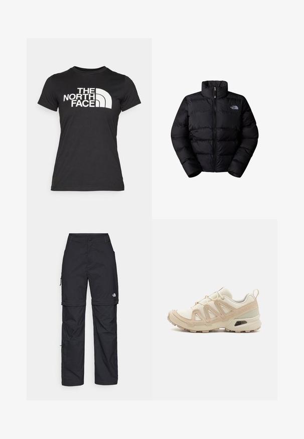 Chaqueta tipo puffer negra aislante con cuello alto, cierre de cremallera y paneles cosidos. Presenta un logo en el lado izquierdo del pecho. Textura suave.; Camiseta negra de algodón con mangas cortas. Presenta un gran texto de logo blanco y un gráfico curvado en el frente. Textura suave.; Pantalones cargo de nailon negro con cremallera desmontable, puños ajustables, múltiples bolsillos y un logotipo en la pierna derecha. Textura suave y ligera.; Zapatilla deportiva beige y crema con parte superior de malla texturizada, superposiciones de soporte y suela de goma con un patrón de tracción.