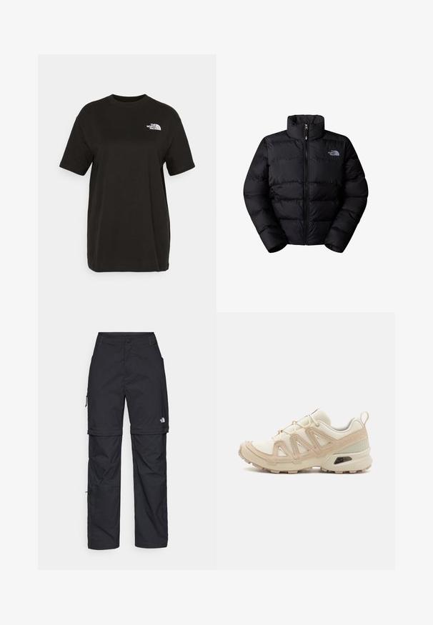 Juodas izoliuotas pūkinis švarkas su aukštu apykakle, užtrauktuku ir siūlėmis. Kairėje krūtinės pusėje yra logotipas. Lygus audinys.; Juodas medvilninis marškinėlis trumpomis rankovėmis, apvalaus kaklo ir su mažai balta logotipu kairėje krūtinės pusėje. Lygus audinys, laisvas siluetas.; Juodos nailoninės krovinių kelnės su reguliuojamais rankovėmis, daugybe kišenių ir logo ant dešinės kojos. Lygi, lengva tekstūra.; Bežinės ir kreminės spalvos sportinės bateliai su tekstūruoto tinklelio viršutine dalimi, palaikančiomis detalėmis ir guminiais padais, turinčiais raštą, užtikrinantį sukibimą.