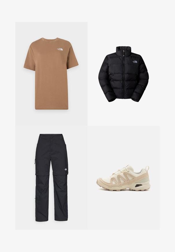 Jachetă puffer izolată, de culoare neagră, cu guler înalt, închidere cu fermoar și panouri cusute. Prezintă un logo pe pieptul stâng. Textură netedă.; Tricou din bumbac maro cu mâneci scurte și decolteu rotund. Prezintă un mic logo alb în partea superioară stângă a pieptului.; Pantaloni cargo din nylon negru, cu fermoar detașabil, manșete ajustabile, multiple buzunare și un logo pe piciorul drept. Textură netedă și ușoară.; Pantofii sport bej și crem au un superior din plasă texturată, suprapuneri de susținere și o talpă din cauciuc cu un model de profil pentru aderență.