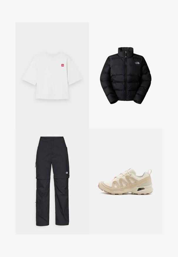 Crna izolirana puffer jakna s visokim ovratnikom, zatvaranjem na patentni zatvarač i ušivenim panelima. Ima logo na lijevoj strani prsnog koša. Glatka tekstura.; Bijela majica kratkih rukava od pamuka. Sadrži mali crveni kvadratni logo na lijevoj strani prsnog dijela. Ravni kroj. Mekani materijal.; Crne najlon hlače s munjevim zatvaranjem, odvojive cargo hlače s podesivim manžetama, brojnim džepovima i logom na desnoj nozi. Glatka, lagana tekstura.; Bež i kremasti sportski tenisice s teksturiranim mrežastim gornjim dijelom, potpornih preklopa i gumeni potplat s uzorcima za prianjanje.