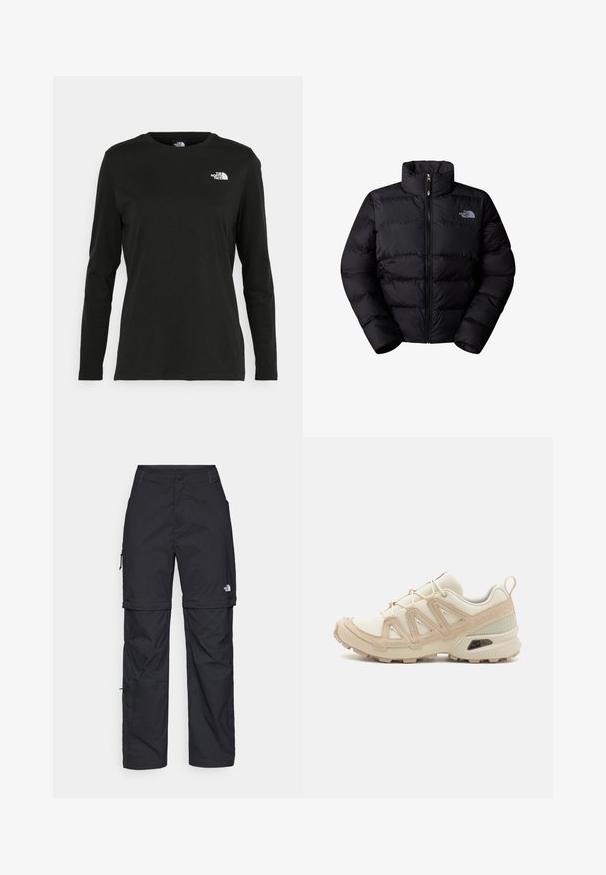 Crna izolirana puffer jakna s visokim ovratnikom, zatvaranjem na patentni zatvarač i ušivenim panelima. Ima logo na lijevoj strani prsnog koša. Glatka tekstura.; Crni dugih rukava majica od pamuka s okruglim izrezom. Ima mali bijeli logo na lijevoj strani prsnog područja. Jednostavan dizajn i kroj.; Crne najlon hlače s munjevim zatvaranjem, odvojive cargo hlače s podesivim manžetama, brojnim džepovima i logom na desnoj nozi. Glatka, lagana tekstura.; Bež i kremasti sportski tenisice s teksturiranim mrežastim gornjim dijelom, potpornih preklopa i gumeni potplat s uzorcima za prianjanje.