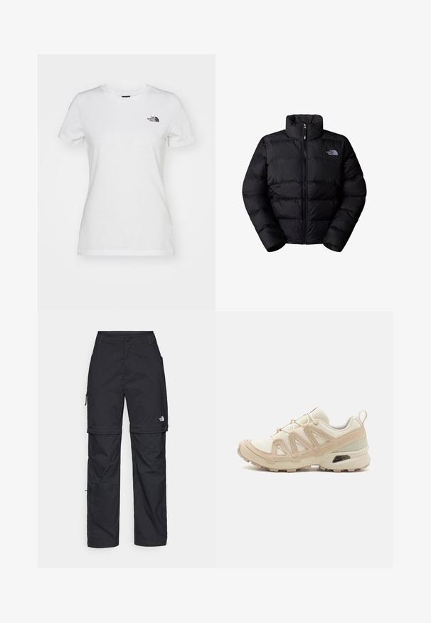 Must värviga isoleeritud puffjakki kõrge kraega, lukuga kinnitus ja õmmeldud paneelid. Vasakul rinnal on logo. Sile tekstuur.; Valge puuvillane T-särk ümarate kaelustega, lühikeste varrukatega ja väikese musta logoga vasakul rinnal. Sile pind ja keha lähedane lõige.; Mustad nailonist valmistatud eemaldatavad cargo-püksid, reguleeritavate pahkluudega, mitmete taskutega ja paremal jalal logoga. Sile, kerge tekstuur.; Beež ja koobalti spordijalats tekstureeritud võrkkattega, toetavad ülemised kihid ja kummist tallaga, millel on mustriga joonistus haardeks.