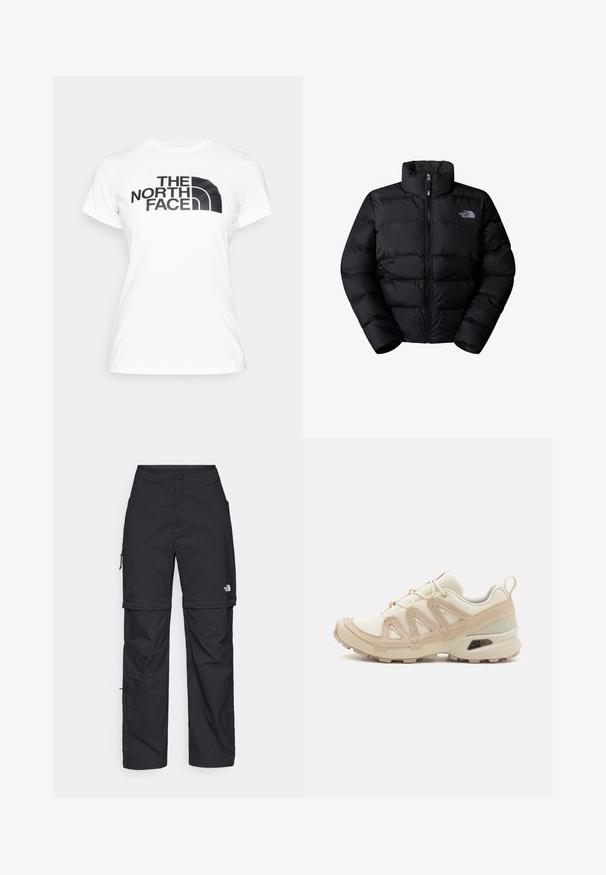 Melna izolēta pūkaina jaka ar augstu apkakli, rāvējslēdzēja aizdari un izšūtām paneļiem. Satur logotipu kreisajā krūtī. Gluda tekstūra.; Balts kokvilnas T-krekls ar melnu grafiku, kurā redzams "THE NORTH FACE" logo uz priekšpuses. Īsas piedurknes un apaļa kakla izgriezums.; Melni nailona bikses ar noņemamām kājām, regulējamiem uzmavām, vairākām kabatām un logotipu uz labās kājas. Gluda, viegla tekstūra.; Beige un krēma sporta apavi ar strukturētu tīkla virsmu, atbalstošajiem slāņiem un gumijas zoli ar protektoru rakstu, kas nodrošina saķeri.