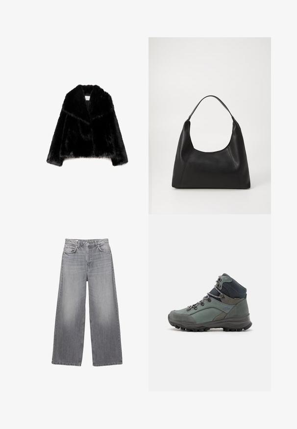 Czarna kurtka z sztucznego futra z szerokim kołnierzem, krótkim krojem, miękką fakturą i ukrytym zapięciem z przodu.; Szary dzianinowy sweter typu crewneck z długimi rękawami oraz ribbowymi mankietami i dołem, ułożony na płasko na białym tle.; Szare dżinsy o szerokich nogawkach z wysokim stanem, pięcioma kieszeniami, wyblakłym wykończeniem i kontrastowym przeszyciem. Posiadają zapięcie na guziki i szlufki na pasek.; Zielone buty trekkingowe z szarymi akcentami i czarną gumową podeszwą. Cechy to wyściełany kołnierz, okrągłe sznurówki i teksturowana cholewka.; Czarna skórzana torebka na ramię z uchwytem, o gładkiej fakturze i minimalistycznym designie. Posiada kanciaste boki oraz szerokie wejście.