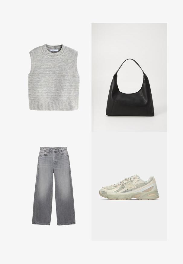 Czarna kurtka z sztucznego futra z szerokim kołnierzem, krótkim krojem, miękką fakturą i ukrytym zapięciem z przodu.; Szary, dziany sweter bez rękawów z prążkowanym dekoltem i dołem, z teksturowanym wzorem poziomych pasków. Wykonany z miękkiej mieszanki wełny.; Szare dżinsy o szerokich nogawkach z wysokim stanem, pięcioma kieszeniami, wyblakłym wykończeniem i kontrastowym przeszyciem. Posiadają zapięcie na guziki i szlufki na pasek.; Lekki obuwie sportowe z siateczkowym wierzchem w odcieniach beżu i kremu, z wyraźnym logo "N", amortyzującą podeszwą oraz teksturowanymi akcentami.; Czarna skórzana torebka na ramię z uchwytem, o gładkiej fakturze i minimalistycznym designie. Posiada kanciaste boki oraz szerokie wejście.