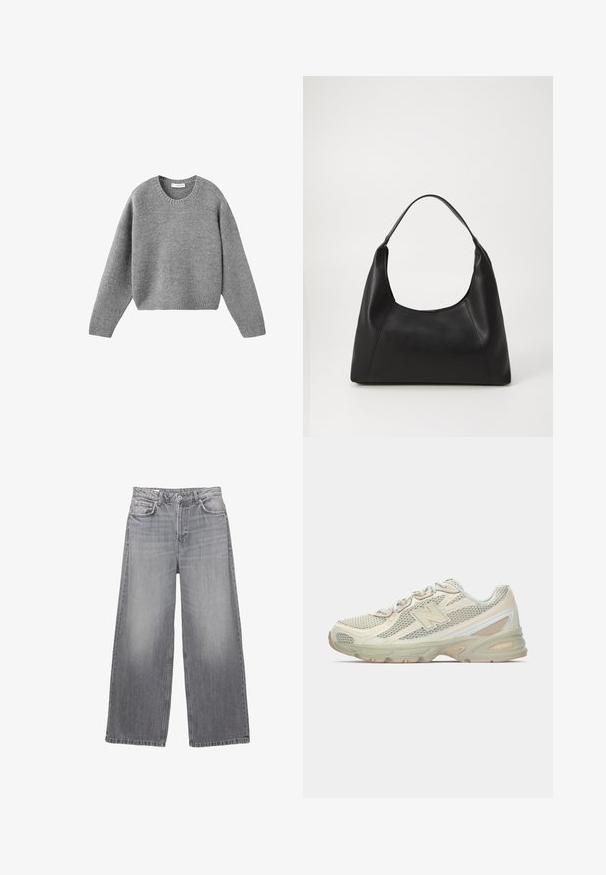 Zwarte nepbont jas met een brede kraag, cropped ontwerp, zachte textuur en een verborgen sluiting aan de voorkant.; Grijze gebreide crewneck trui met lange mouwen en ribgebreide manchetten en zoom, plat gelegd op een witte achtergrond.; Grijze denim wijde broek met een hoge taille, vijf zakken, vervaagde afwerking en contraststiksel. Heeft een knoopsluiting en riemlussen.; Lichte sneakers met een bovenwerk van mesh in beige en crème, met een opvallend "N"-logo, een gevoerde zool en textuuraccenten.; Zwarte leren handtas met een ronde handgreep, een gladde textuur en een minimalistisch ontwerp. Bevat hoekige zijkanten en een brede opening.