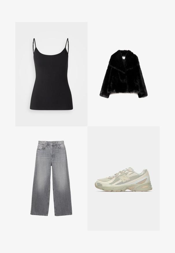 Musta keinotekoinen turkki takki, jossa on leveä kaulus, lyhennetty muotoilu, pehmeä rakenne ja piilotettu etusulku.; Musta hihaton paita, jossa on ohuet säädettävät olkaimet, valmistettu sileästä ja joustavasta kankaasta. Ominaisuuksiin kuuluu pyöreä kaula-aukko ja istuva siluetti.; Harmaat farkut, joissa on leveät lahkeet ja korkea vyötärö, viisi taskua, kulahtanut viimeistely ja kontrastiväriset ompeleet. Varustettu napituksella ja vyölenkeillä.; Kevyet lenkkarit, joissa on verkkopinta beige- ja cream-väreissä, varustettuna näkyvällä "N"-logolla, pehmeällä pohjalla ja teksturoiduilla yksityiskohdilla.