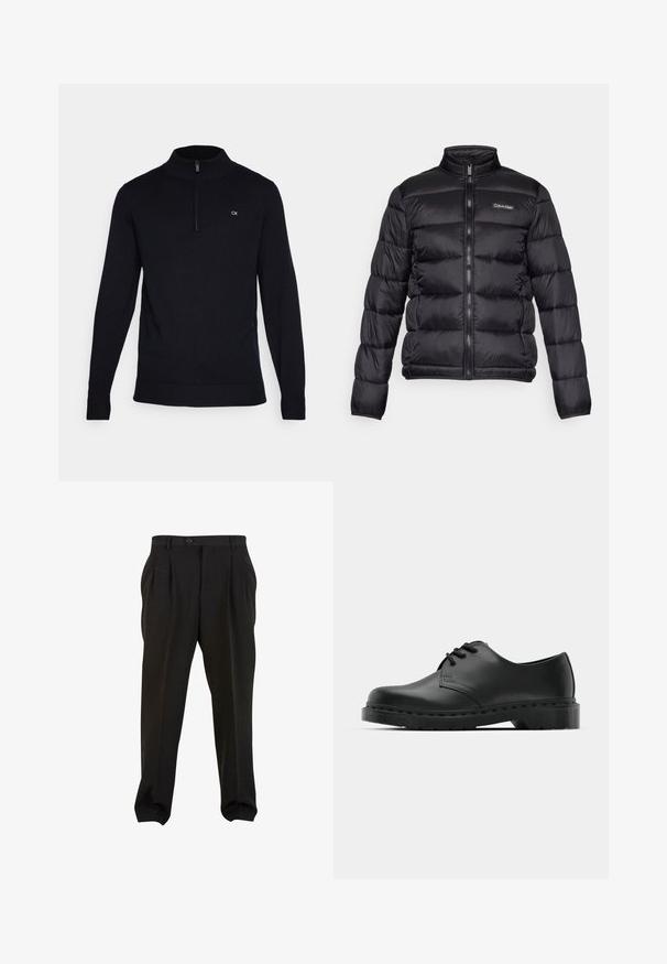 Černá péřová bunda s vysokým límcem, zipem vpředu a prošitými kapsami. Obsahuje malé logo Calvin Klein na levé části hrudi.; Černý pletený svetr s vysokým límcem a čtvrtinovým zipem, s hroty na rukávech a lemu; malé bílé logo na levé hrudi.; Černé kalhoty z hladké tkaniny, se zapínáním na tlačítko v pase, předními sklady a zúženými manžetami u kotníků. Klasický elegantní střih.; Černé kožené oxfordy s šněrováním, zakulacenou špičkou, plochou gumovou podrážkou a jemným prošíváním podél svršku.