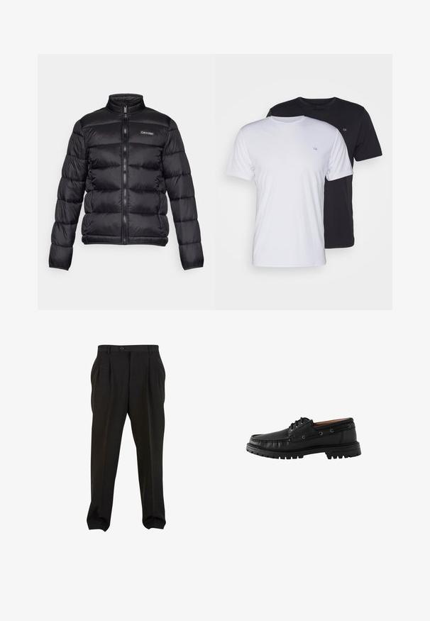 Giubbotto puffer nero con colletto alto, chiusura zip frontale e scomparti cuciti. Presenta un piccolo logo Calvin Klein sul lato sinistro del petto.; Due magliette in cotone, una bianca e una nera, a maniche corte con scollo tondo, caratterizzate da un piccolo logo sul petto e una trama liscia.; Pantaloni neri in tessuto morbido, con pieghe frontali, vita con bottone e polsini a gamba affusolata. Silhouette classica e sartoriale.; Scarpa da barca in pelle nera con punta arrotondata, design con lacci e suola in gomma texturizzata. Presenta dettagli in cucitura e occhielli in metallo.
