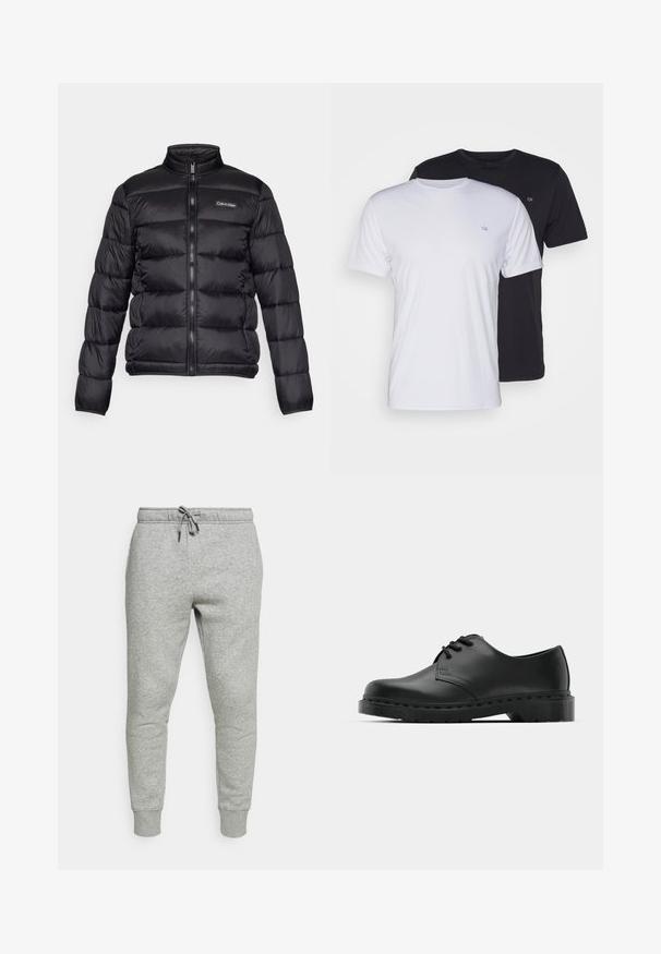 Juodas pūkinis švarkas su aukštu apykakle, užtrauktuku priekyje ir siuvinėtomis kišenėmis. Ant kairiojo krūtinės puikuojasi mažas Calvin Klein logotipas.; Du pfaldi medvilniniai marškiniai trumpomis rankovėmis, balti ir juodi, su apvaliais kaklais, turintys mažą logotipą ant krūtinės, glotnus paviršius.; Pilkos sportinės kelnės, pagamintos iš minkštos medvilnės ir sintetinio pluošto mišinio, su elastinga juosta ir raišteliu bei guma ant čiurnų.; Juodos odinės oksfordo bateliai su raištelių užsegimu, apvaliu pirštu, plokščiu guminiu padu ir subtiliu siuvimo akcentu viršuje.