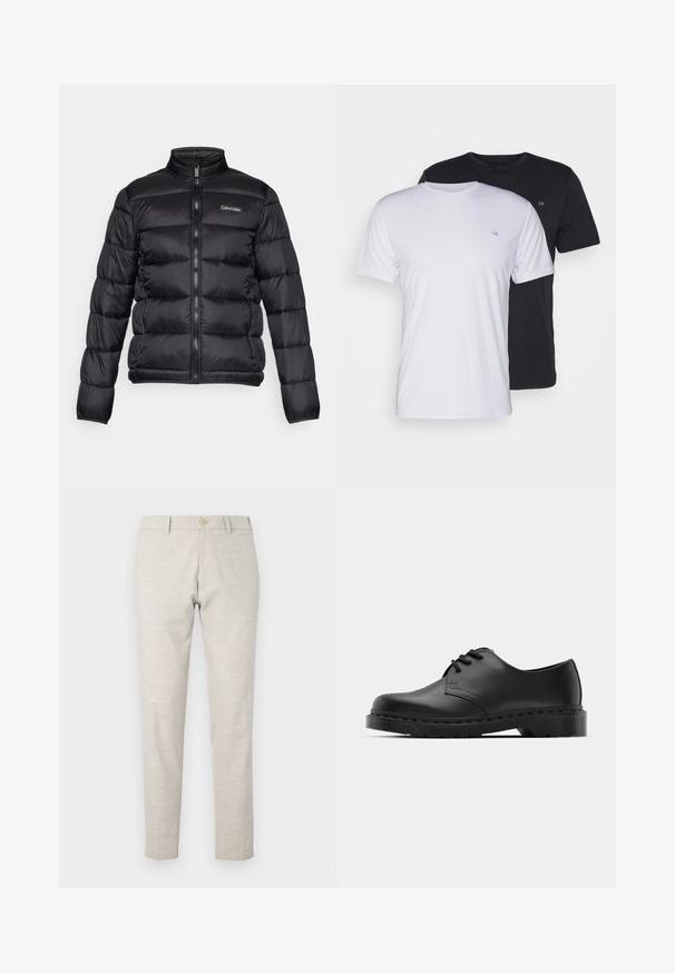 Svart puffjacka med hög krage, dragkedja fram och sydda fack. Har en liten Calvin Klein-logotyp på vänster bröst.; Två bomullströjor i vitt och svart, kortärmad med rund hals, med en liten logotyp på bröstet, slät textur.; Ljusbeige byxor med rak passform, gjorda av lättviktsmaterial. Har en enkel knappstängning och enkla sömdetaljer.; Svart lädersko i oxford-stil med snörningsdesign, rund tå, platt gummisula och subtila sömdetaljer längs ovandelen.