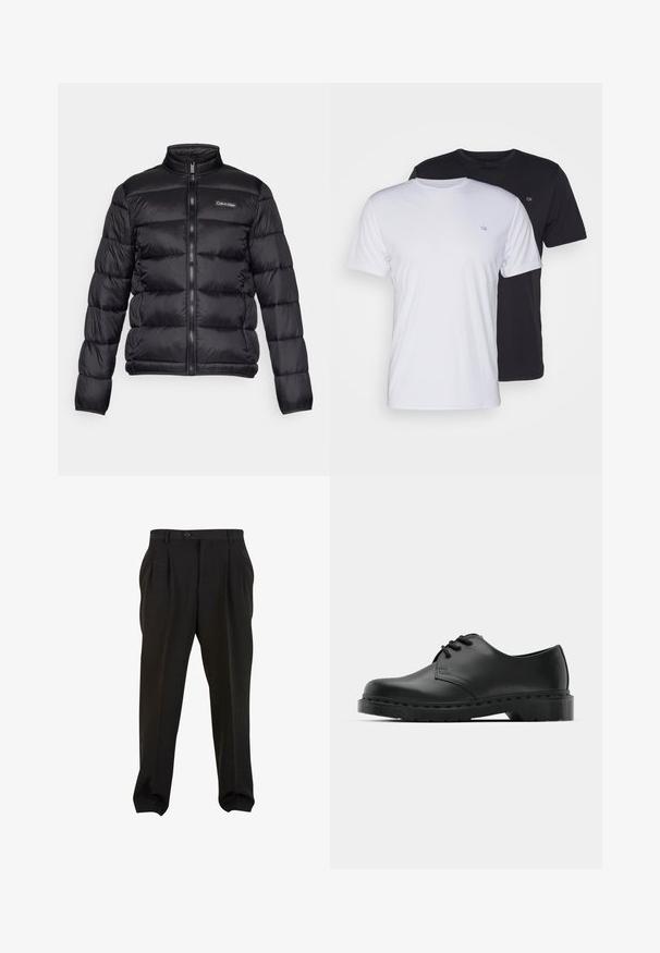 Czarna kurtka puchowa z wysokim kołnierzem, zamek z przodu oraz przeszytymi kieszeniami. Posiada małe logo Calvin Klein na lewej piersi.; Dwie bawełniane koszulki w kolorze białym i czarnym, z krótkim rękawem i okrągłym dekoltem, z małym logo na piersi, o gładkiej fakturze.; Czarne spodnie z gładkiego materiału, z kieszeniami z przodu, zapinane na guzik w pasie i zwężanymi mankietami przy kostkach. Klasyczny sylwetka w stylu szytym na miarę.; Czarne skórzane półbuty oxford z zapięciem na sznurowadła, zaokrąglonym noskiem, płaską gumową podeszwą oraz subtelnym przeszyciem na cholewce.