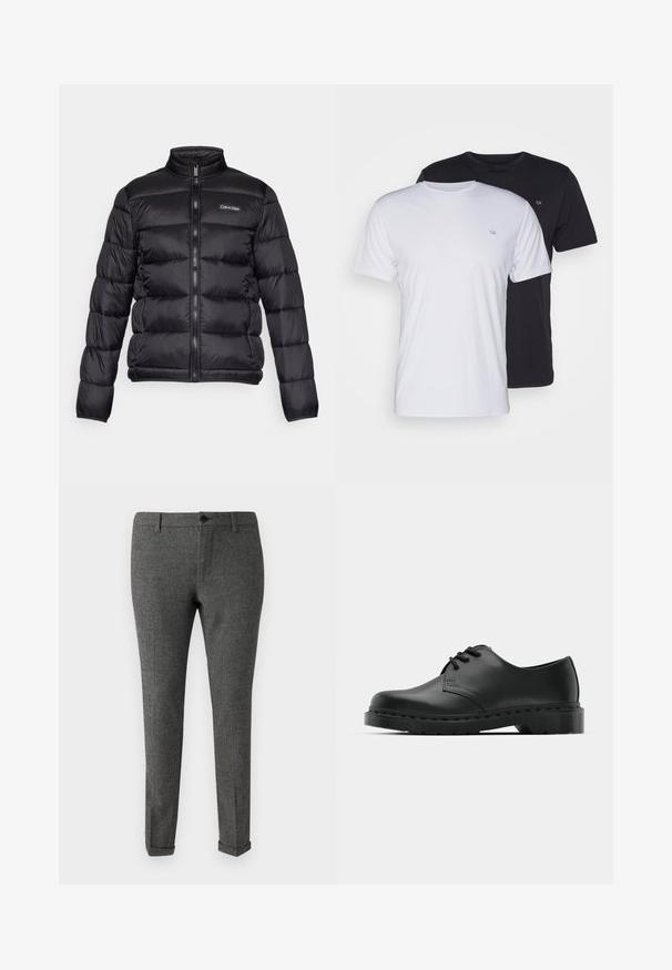 Črna puffer jakna z visokim ovratnikom, zadrgo spredaj in šivanimi predeli. Ima majhen logo Calvin Klein na levem prsnem delu.; Dve bombažne majice v beli in črni barvi, kratke rokave z okroglimi ovratniki, ki imata na prsih majhen logotip, gladka tekstura.; Sive karirane hlače iz tkanine, z gumbom za zapiranje, zankami za pas in manšetami za prilagojen videz.; Črne usnjene oksford čevlje z vezalkami, zaobljenim prstom, ravnim gumijastim podplatom in diskretnim šivanjem po zgornjem delu.